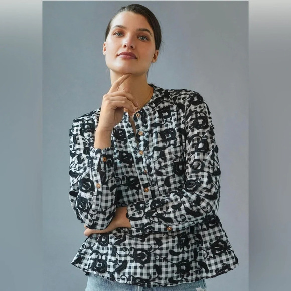 PILCRO by ANTHROPOLOGIE NWOT‎ The Whitney Trapeze Buttondown in Black Motif - Picture 1 of 12